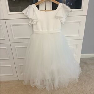 Flower Girl White Ruffled Sleeve Tulle Dress